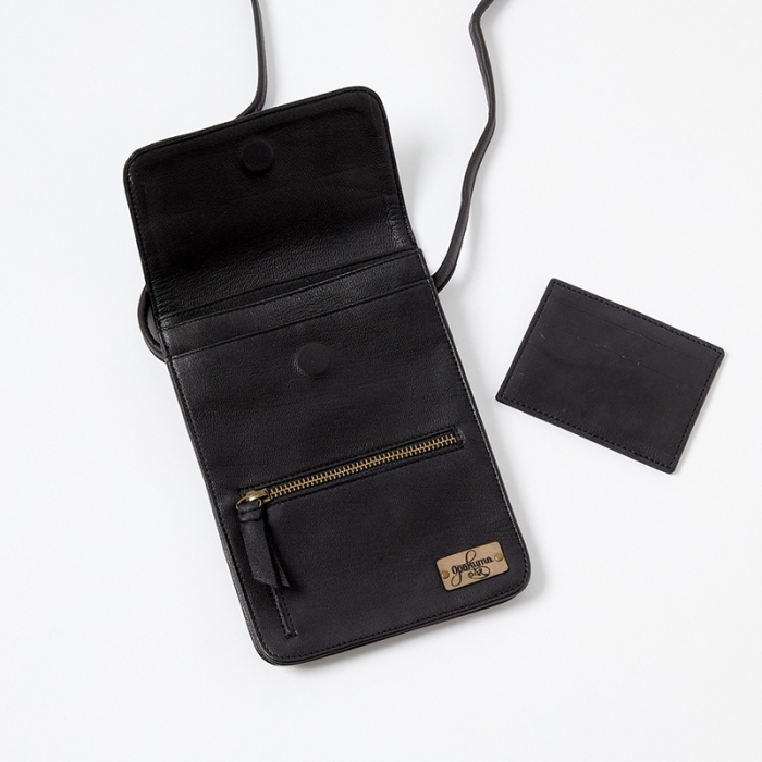 Leather Smartphone Crossbody Bag-Black-Open