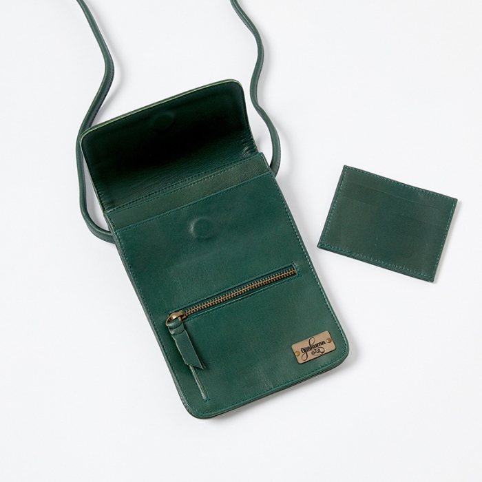 Leather Smartphone Crossbody Bag-Forest-Open