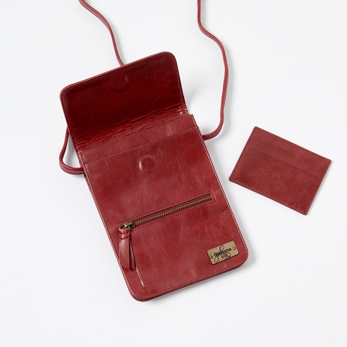 Leather Smartphone Crossbody Bag-Burgundy-Open